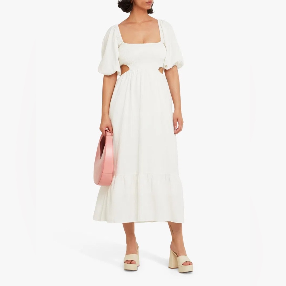 O.P.T. Leighton Smocked Puff Sleeve Square Neck Midi Dress White